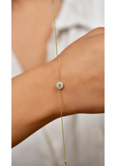 Roza Silver Zirkon Taşlı Gold Tektaş Anturaj Minimal Gümüş Bileklik