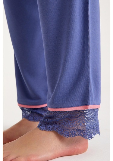 Dream Gri Mavi Viskon V Yaka Dantel Detaylı Pijama Takımı Mavi