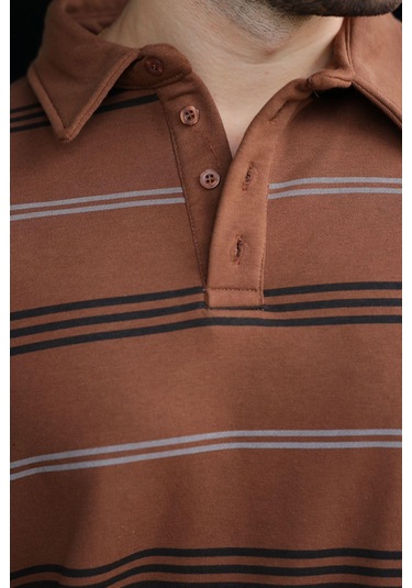 Madmext Kahverengi Çizgili Polo Yaka Erkek Sweatshirt E7172 Kahverengi