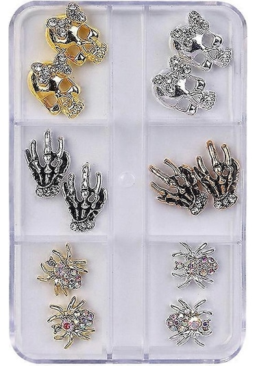 3d Cadılar Bayramı Tırnak Sanatı Takıları Kafatası Örümcek Ve Yapay Elmas Alaşımlı Tırnak Takıları