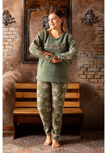 Nisanca Büyük Beden Peluş Polar Pijama Takımı- Kışlık Büyük Beden Kadın Pijama Yesil