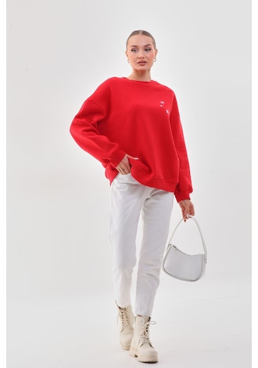 Kallima Oversize Baskılı İçi Polarlı Kırmızı Kadın Sweatshirt Kırmızı