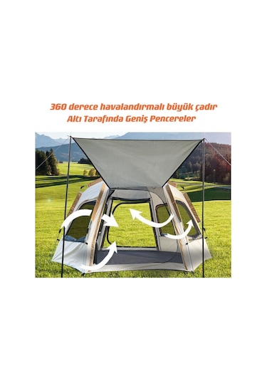 Tam Otomatik Su Ve Rüzgar Geçirmez Gölgelikli Altıgen Aile Çadırı 280x240x155 Cm Bej Bej