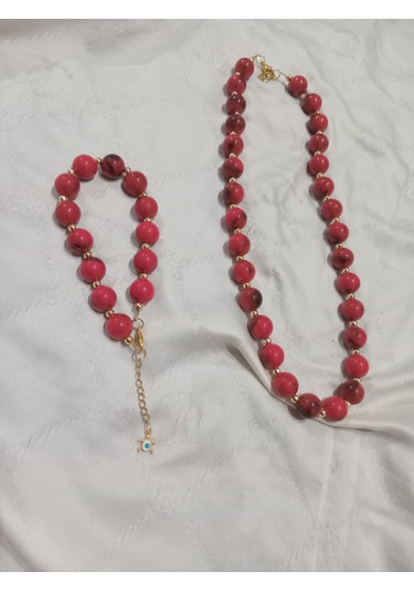 Kırmızı Yuvarlak Kolye Ve Bileklik Takımı Kırmızı