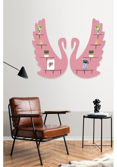 2'li Kuğu Ahşap Duvar Dekoru 8 Raflı Mobilya