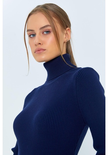 6889 Kadın Balıkçı Yırtmaçlı Uzun Triko Elbise Lacivert Lacivert