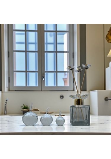 Dekoratif Kristal 7 Parça Set Üçlü Elma Ve Koku Şişesi Şeffaf Gold 01