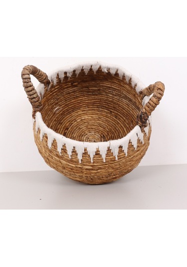 Avanos Doğal Abaka El Yapımı Yuvarlak Kulplu Sepet 35x32x32 Cm Bej
