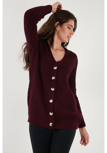 Lela Regular Fit V Yaka Düğmeli Triko Örme Uzun Bayan Hırka 4615044 Bordo