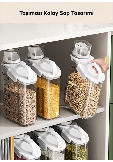 Ezere Nem Geçirmez Pratik Ölçü Kaplı Baharat Ve Tahıl Kavanozu 1600ml Beyaz