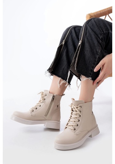 Bej Bağcıklı Fermuarlı Günlük Kadın Bot Bej