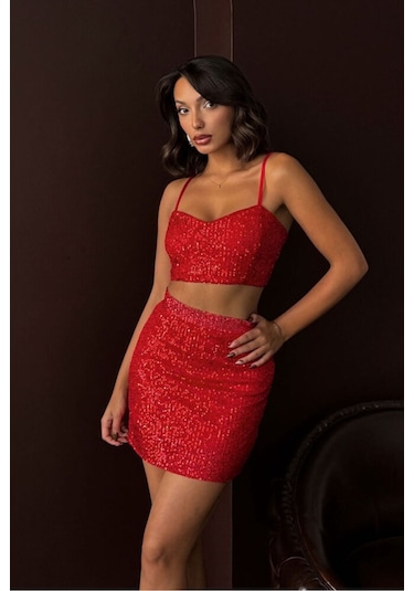 Topshow Payetli Mini Etek Şık Gece Ve Parti Modası Kırmızı Kırmızı
