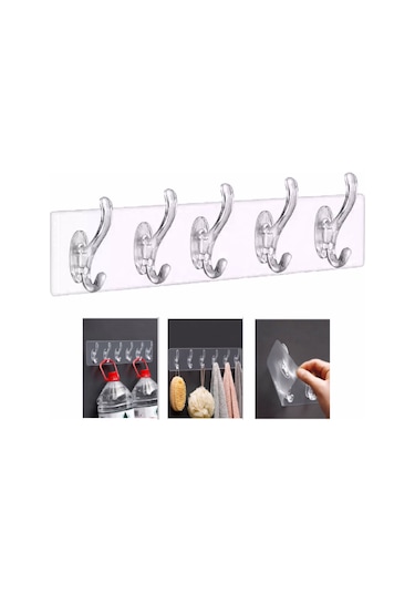 Yapışkanlı Şeffaf Duvar Askısı Banyo Mutfak Düzenleyici Askı 5 Li Çok Renkli
