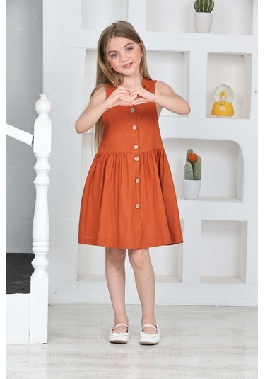Kız Çocuk %100 Pamuk Keten Elbise 12197 Kiremit