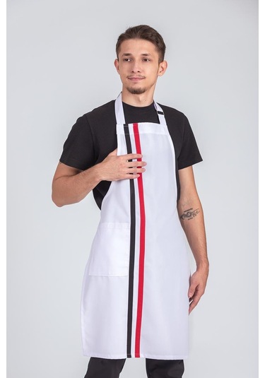 Erkek Boyundan Asmalı Çizgili Barista Şef Mutfak Önlüğü Beyaz