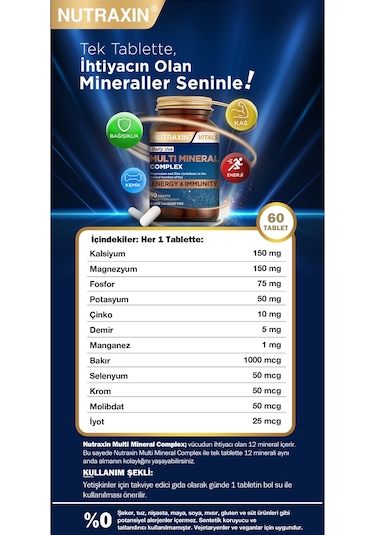 Nutraxin Multimineral Complex 60 Tablet Magnezyum, Kalsiyum, Çinko, Demir, İyot, Krom