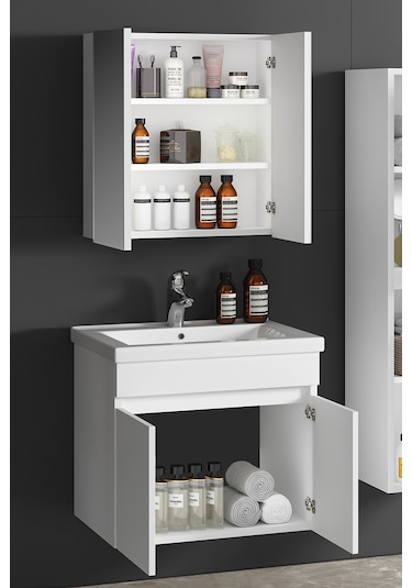 Çiğdem 55 Cm Beyaz Mdf Seramik Lavabolu Asma Banyo Dolabı Takımı Beyaz - Beyaz