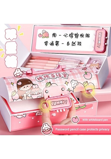 Mufunye Öğrenci Hediyesi: Çok Fonksiyonlu Kartoonlu Büyük Kapasiteli Kilitli Kalem Kutusu - Pembe Çok Renkli