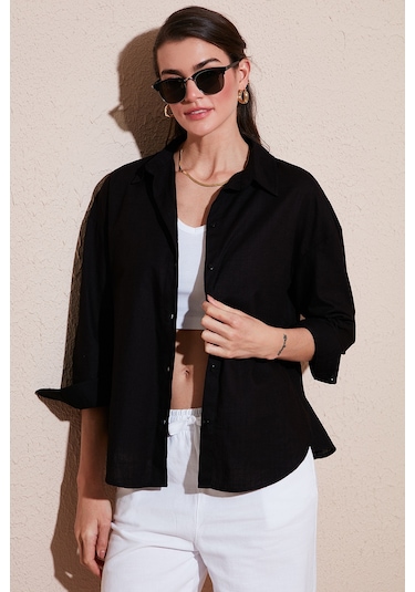 Lela Pamuklu Regular Fit Uzun Kollu Düz Bayan Gömlek Cf25S168305 Siyah
