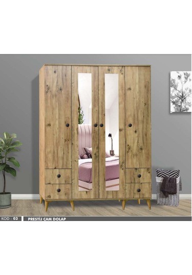 Prestij 4 Kapılı Aynalı Çam Dolap
