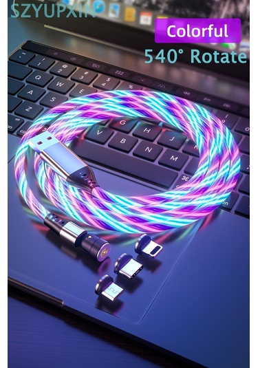 Szyupxın Manyetik Şarj Kablosu İphone Uyumlu 540 Döndür Akan Kızdırma Kablosu Aydınlatma Mikro Usb Kablosu Led Mıknatıs Şarj Cihazı C Tipi Kablo