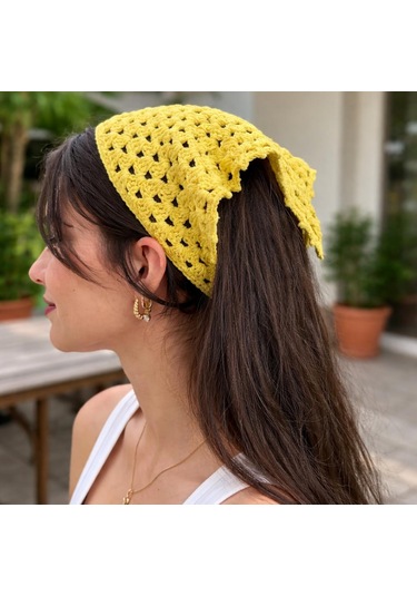Kadın El Örgüsü Üçgen Bandana Saç Aksesuarı Sarı