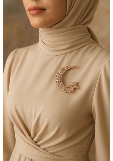 Taşlı Hilal Ve Yıldız Model Broş Gold