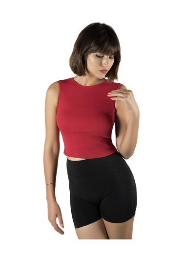 Kırmızı Fitted/vücuda Oturan Crop Halter Yaka Fitilli Esnek Örme Bluz Atlet Kırmızı