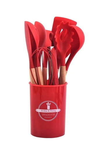 Kangvka Ahşap Saplı Silikon Mutfak Gereçleri 12'li Set - Tencere Uyumlu, Yıkama Kolay, Organize Depolama Kova İle Pembe Diğer