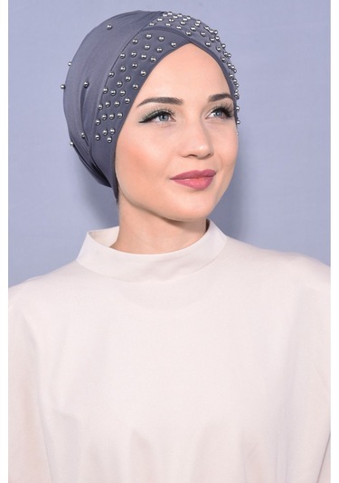 Kadın Tesettür İncili Taşlı Havuz Dış Bone Koyu Gri Koyu Gri