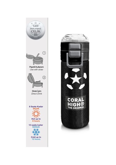 Coral High 500 Ml Paslanmaz Çelik Okul Termosu/suluk/matara - Erkek Çocuk - Siyah Futbol Desenli - Sızdırma Yapmaz Çok Renkli