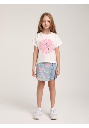 Kız Çocuk Çiçek İşlemeli Tasarım Şort Etek-15579 Mavi