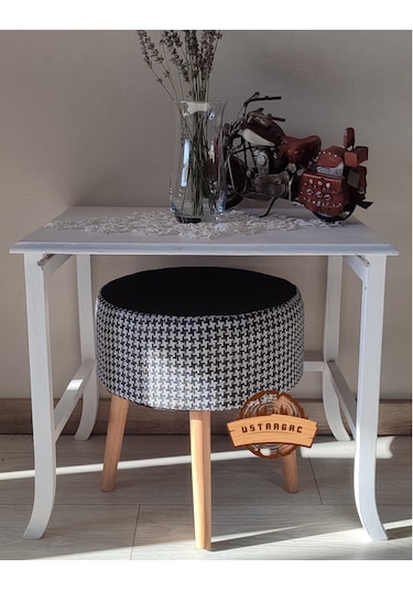 Puf Koltuk Tabure - Kaz Ayağı Siyah Keten - Ahşap Gürgen Ay