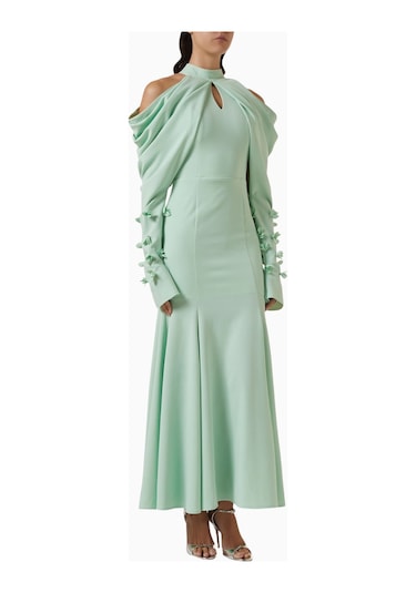 Ac By Aanchal Chanda Draped Off - Shoulder Omuz Açık Çiçek Aplikeli Maxi Kadın Elbise Açık Yeşil