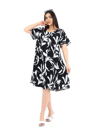 Schık Kadın Viskon Yarım Kol Kare Yaka Elbise Siyah Siyah