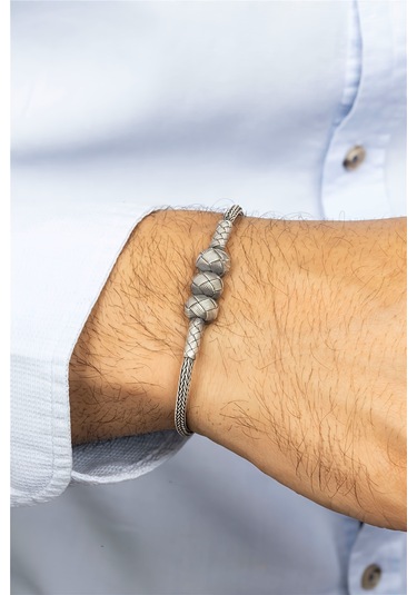 El İşi Örgülü Toplu Hasır Gümüş Erkek Bileklik