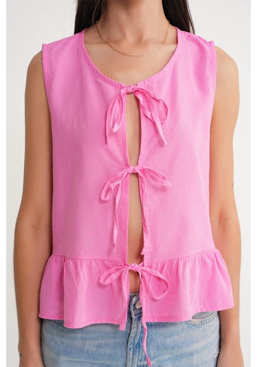 4717 Kadın Önü Bağcıklı Fırfırlı Kolsuz Keten Bluz Pembe Pembe