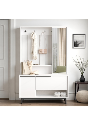 Robin Home Portmanto Vestiyer Ayakkabılık Aynalı Metal Ayaklı Beyaz Beyaz