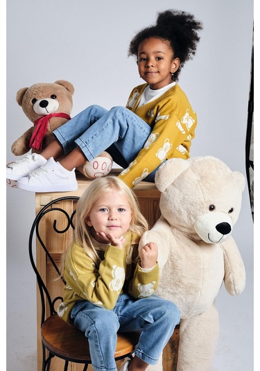 Ayıcık Desenli Hırka T-shirt Denim Pantolon Takım Hardal