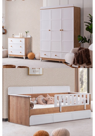 Mira Çocuk Odası Takımı, Mira Yavrulu Karyola, Berlin 3 Kapaklı Dolap, Şifonyer - Ceviz Renkli