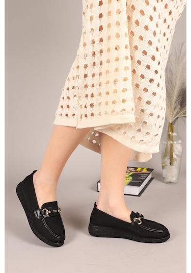 Minty Önü Tokalı Triko Babet Siyah-7905 Siyah