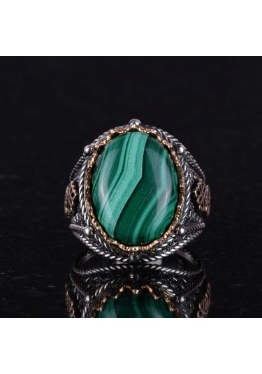 925 Ayar Katı Gümüş Erkek Yüzük, Doğal Malakit Taşlı Yüzük Gümüş