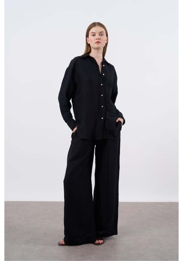 Kadın Keten Gömlek Pantolon Takım Siyah