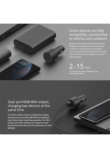 Xiaomi Mi CC07ZM 100W Hızlı Çift Bağlantı Noktalı Usb-A Usb-C Araç Şarj Cihazı