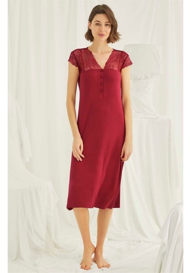 Monamise 18481 Kadın Kırmızı V Yaka Önden Düğmeli Dantelli Kısa Kollu Midi Büyük Beden Gecelik Kırmızı