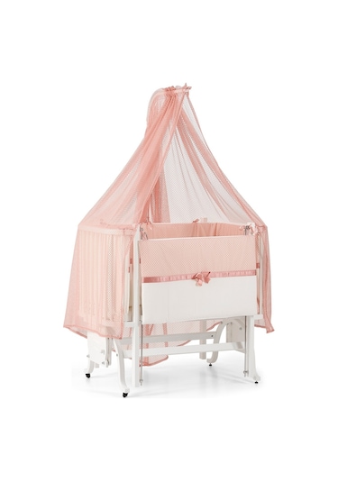 Meltem Kids Mood Sallanır Ahşap Anne Yanı Beşik - 50x90 CM ( Beyaz- Pembe ) Pembe