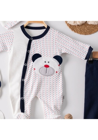 3 Ay Puanlı Ayıcık Nakışlı Tulumlu Erkek Bebek 5'li Set Lacivert Lacivert