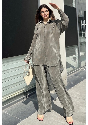 Kadın Haki Uzun Tunik Gömlek & Beli Lastikli, Bol Paça Pantolon - Salaş Bürümcük Takım Haki