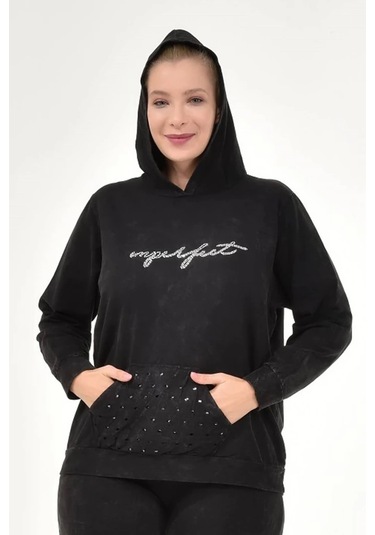 Kadın Büyük Beden İtalyan Yıkama Siyah Kapşonlu Sweatshirt Siyah