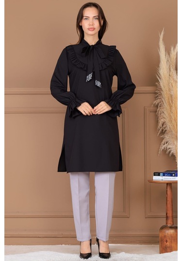 Asel Tunik Pantolon İkili Tesettür Takım Siyah Siyah
